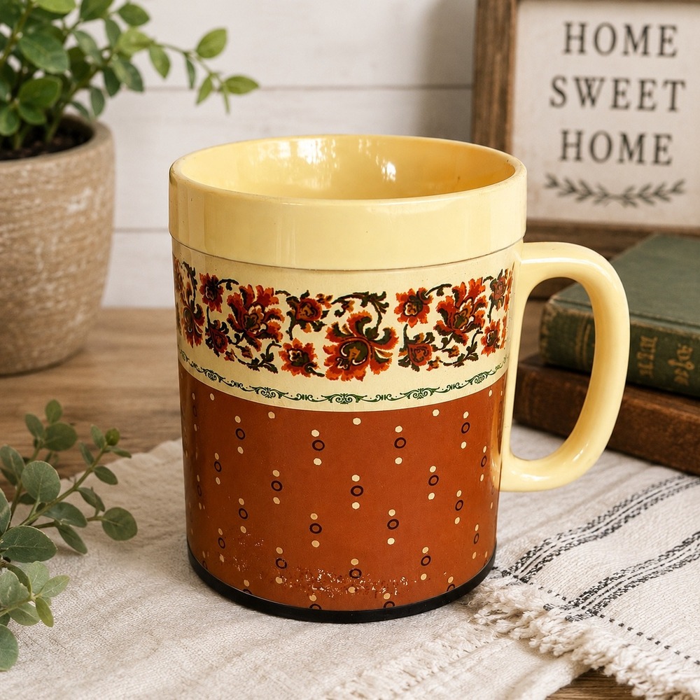 Vintage Thermo-Serv Insulated Plastic Mug Floral Polka Dot Tan cottagecore USA